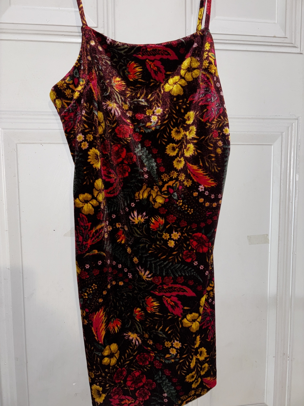 Forever 21 Burgundy Floral Velvet Slip Dress with Mustard & Red Accents